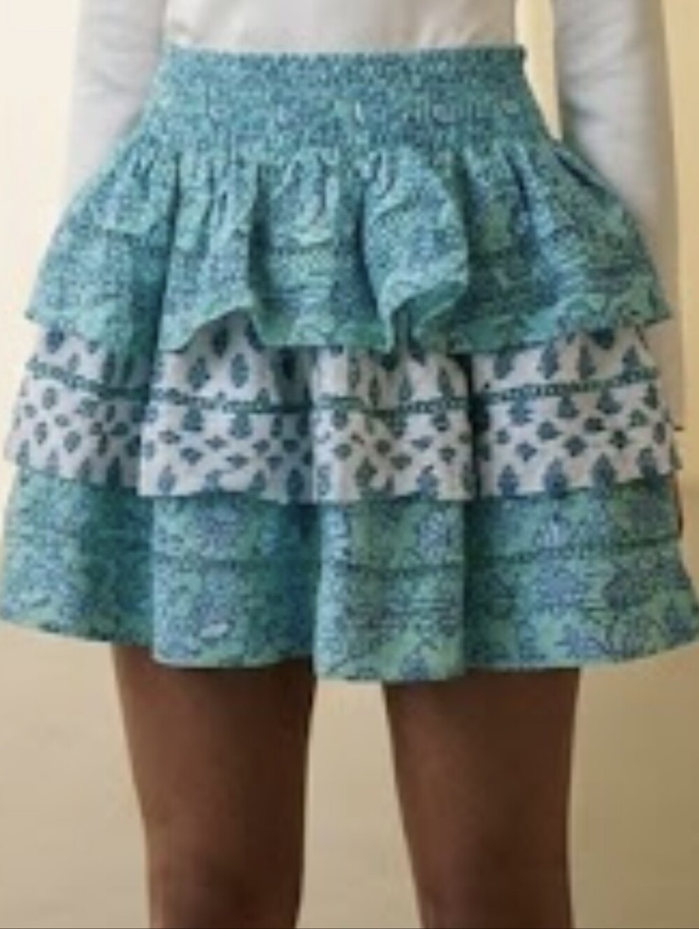 Roller Rabbit Aqua and White Floral Tiered Ruffle Skirt